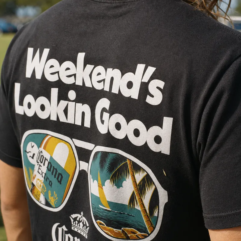 Close crop of a black Corona tee: weekend is lookin good