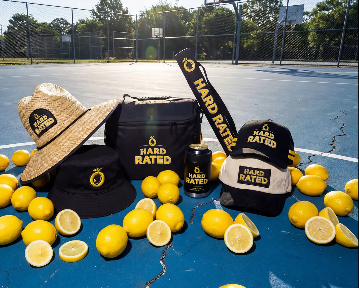 Hard Rated hats, cooler and stubby holder on a basketball court with lemons