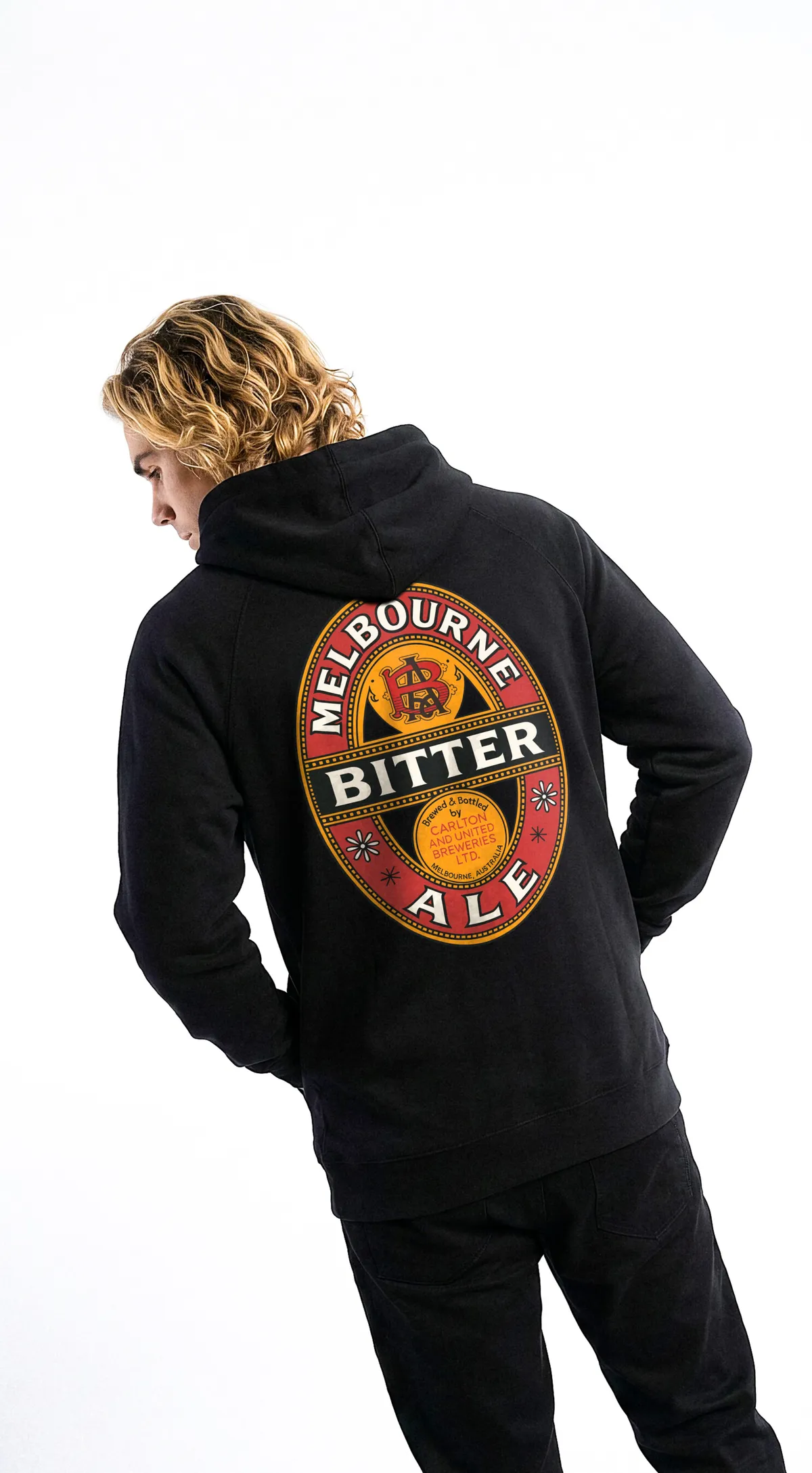 A black hoodie with the Melbourne Bitter label on the back