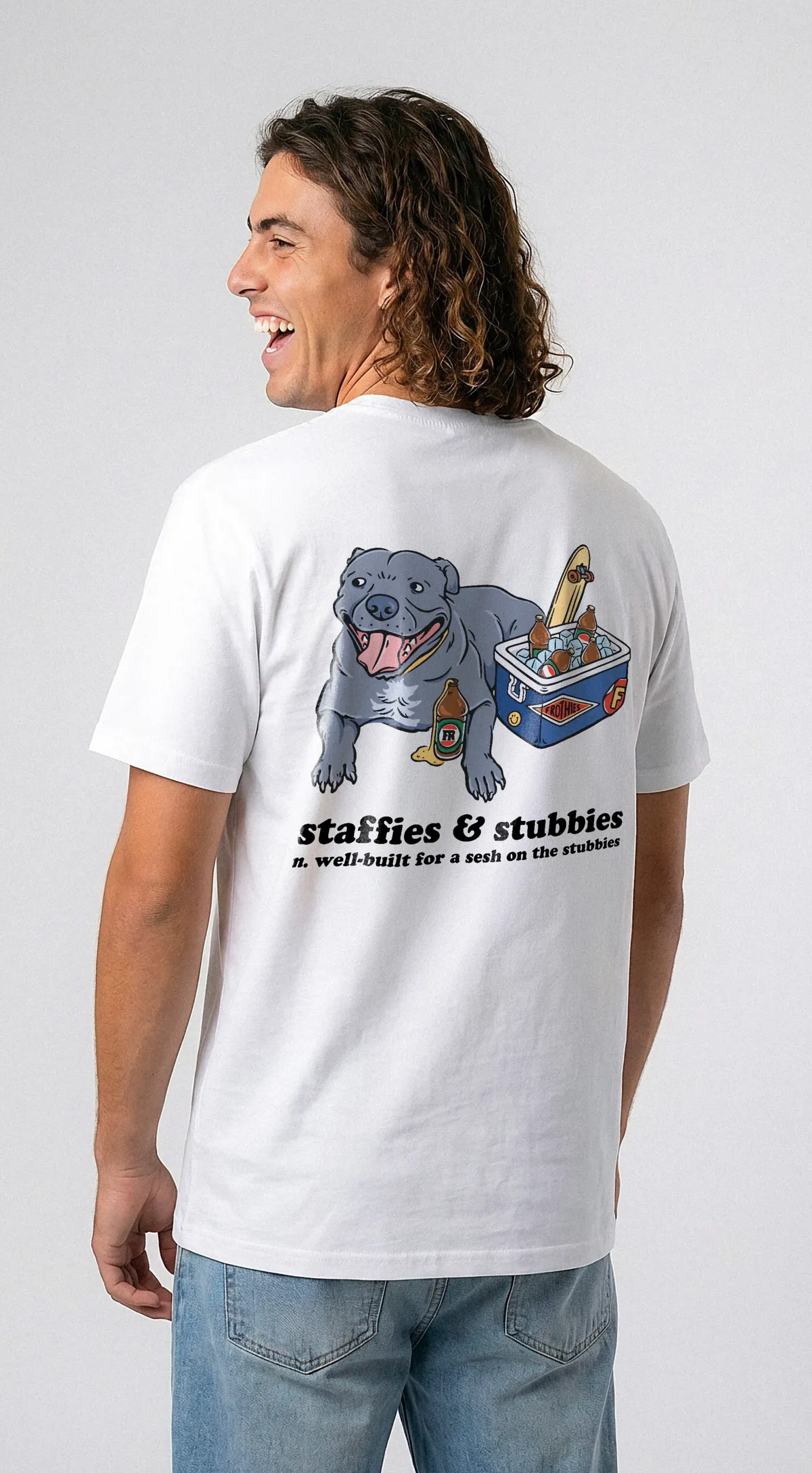 A white tee with a staffy and esky back print