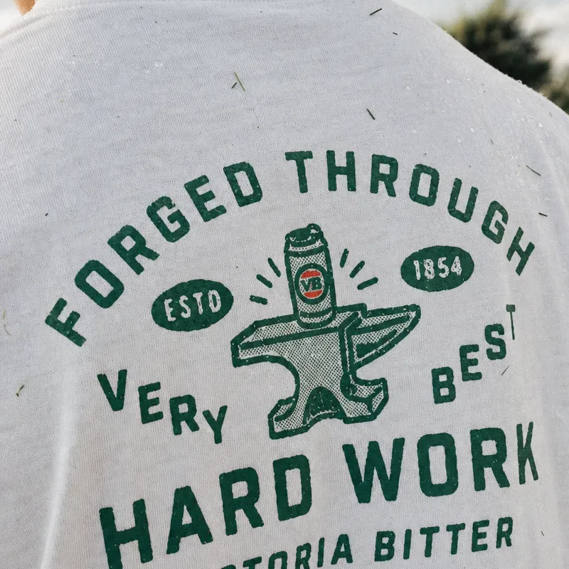 Close crop of a VB print: forged through hard work